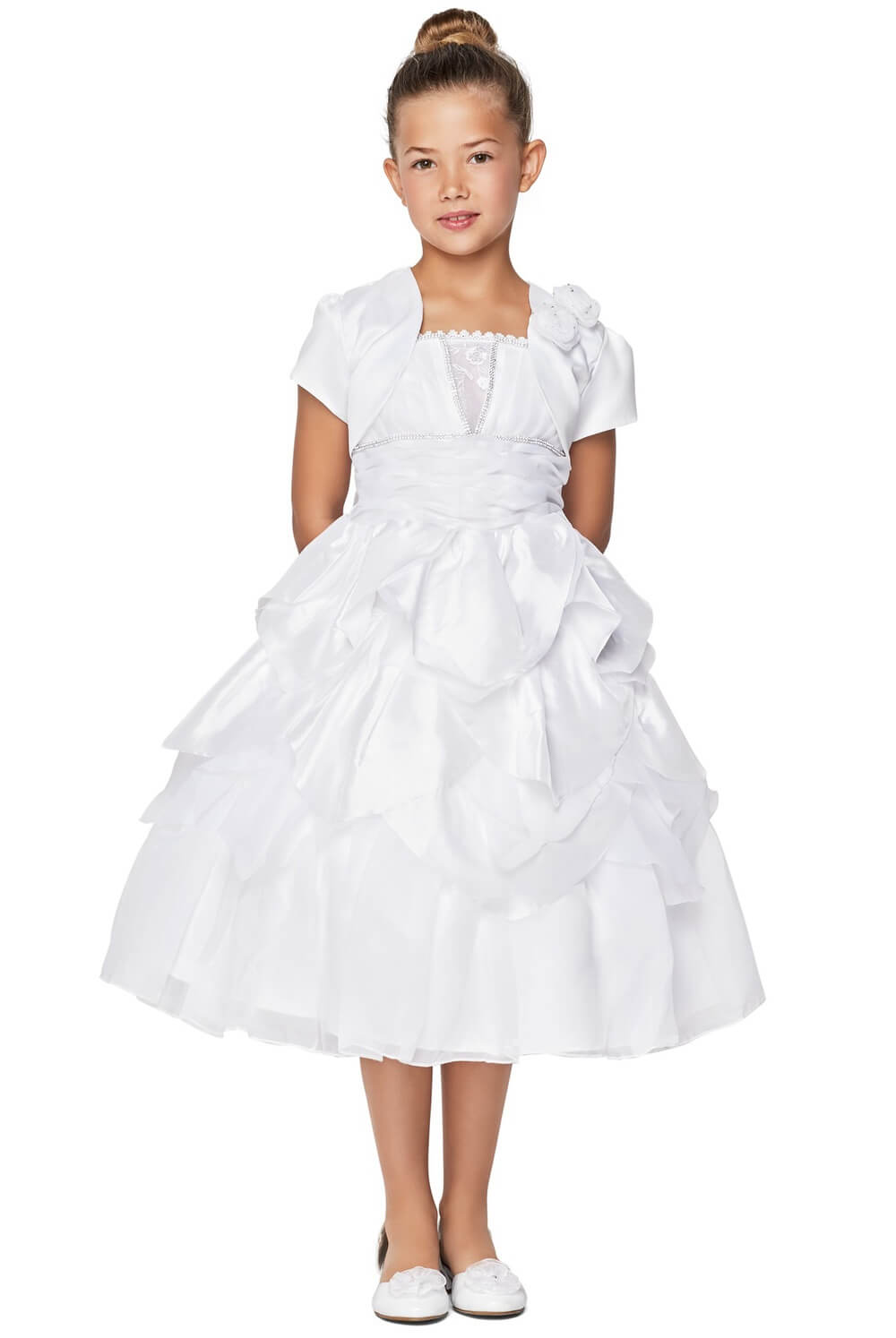 White Square Neck Tea Length Taffeta Flower Girl Dress with Bolero and Bow Cinderella Couture 62417