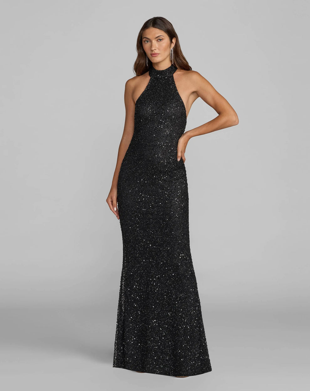 Black Halter Floor-Length Sequin Formal Gown with Open Back Mac Duggal 6259