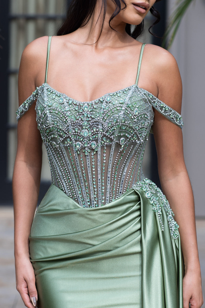 Off-Shoulder Long Satin Prom Dress by Lenovia 8438 in Sage