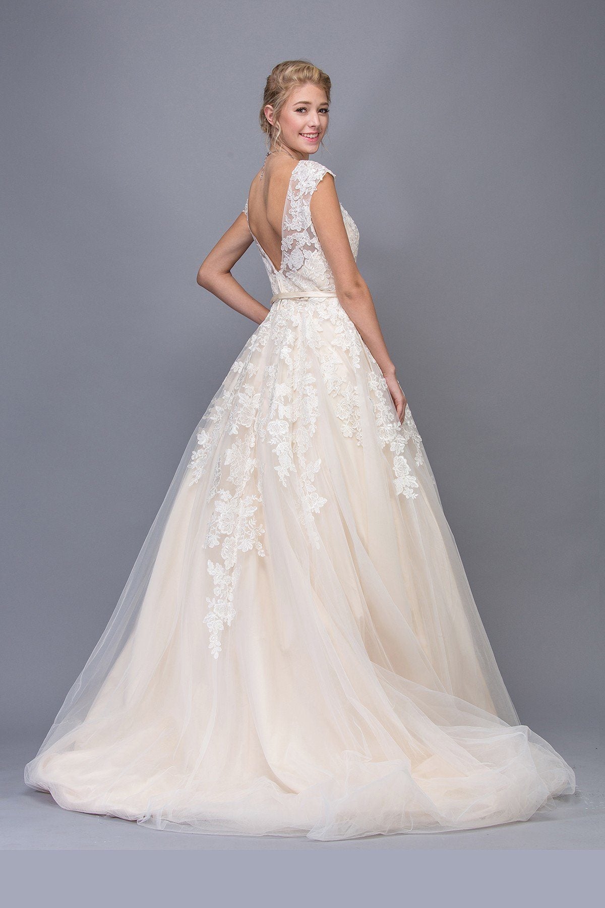 Wedding Dresses Long Lace Bridal Wedding A Line Dress Eureka Fashion 6601 Ivory/Champagne