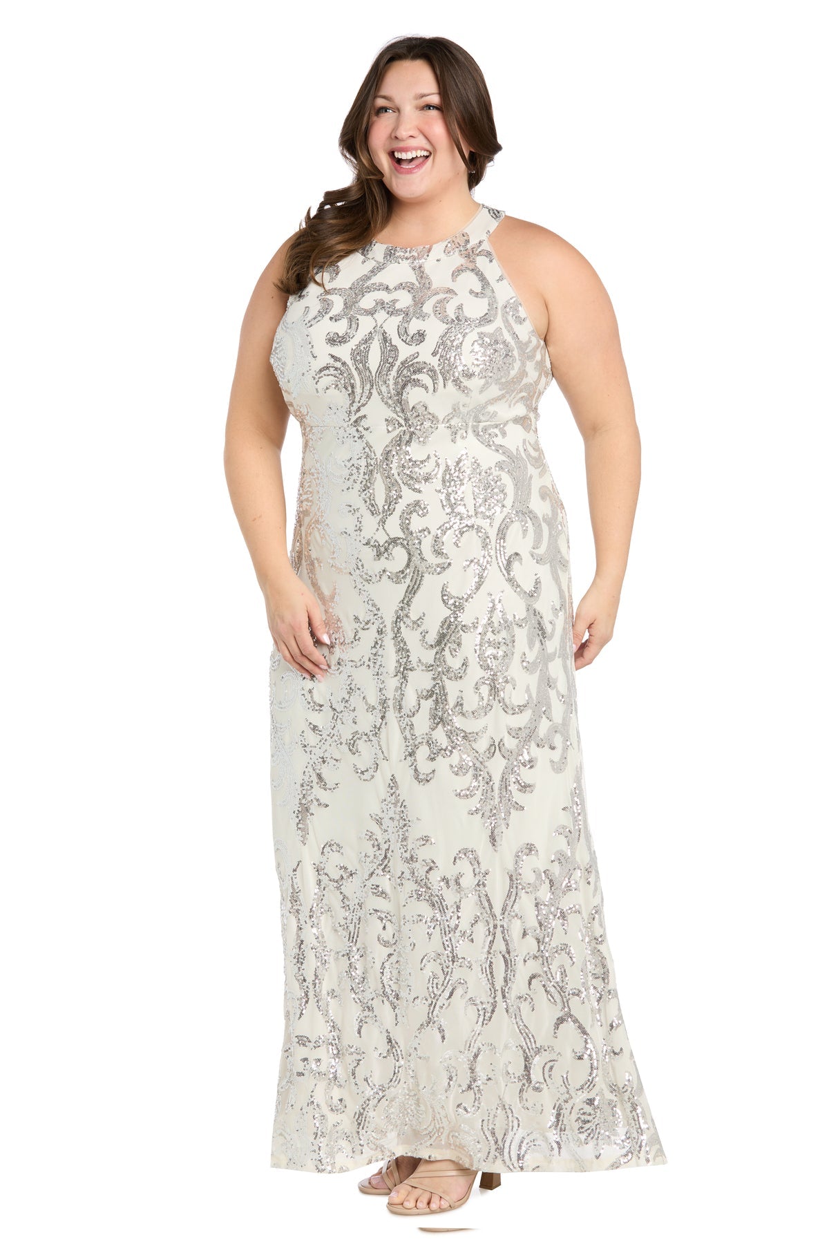 Halter Floor-Length Sequin Formal Gown by R&M Richards 6616W in Ivory/Silver