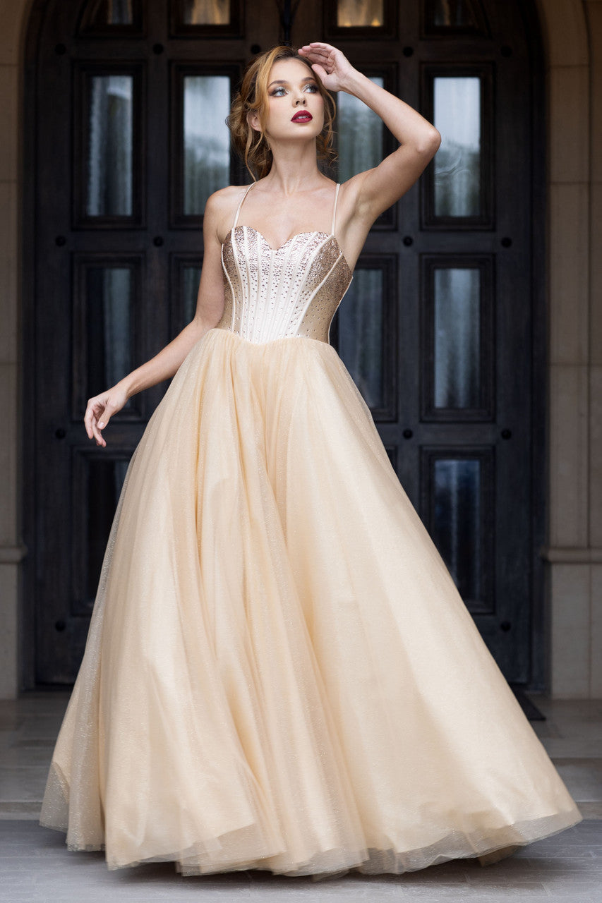 Sweetheart Long Tulle Prom Dress by Lenovia 8503 in Champagne