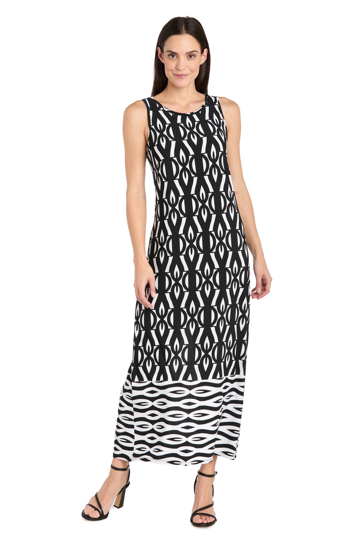 Black/White R&M Richards 6673 Printed Long Formal Maxi Dress