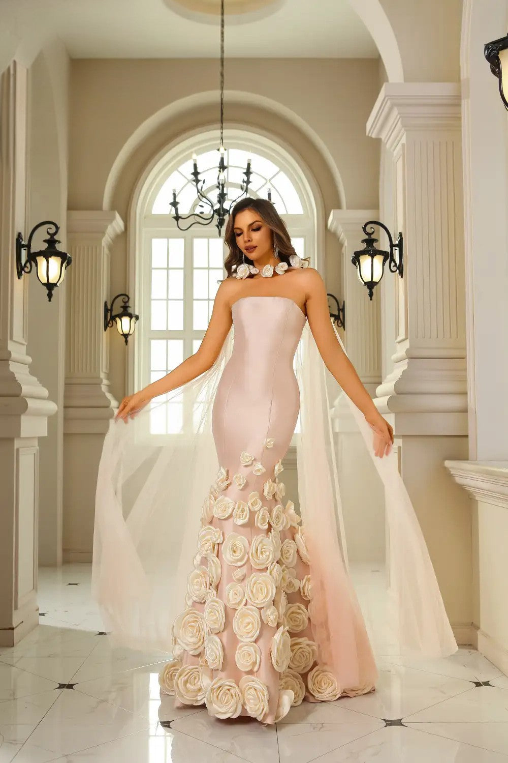 Terani Couture 251GL4184 Long 3D Floral Applique Detachable Cape Formal Dress
