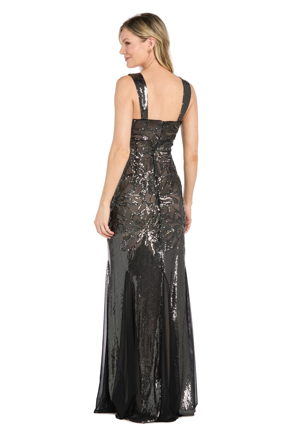 Gunmetal/Nude R&M Richards 6704 Square-Neck Floor-Length Sequin Formal Beaded Gown
