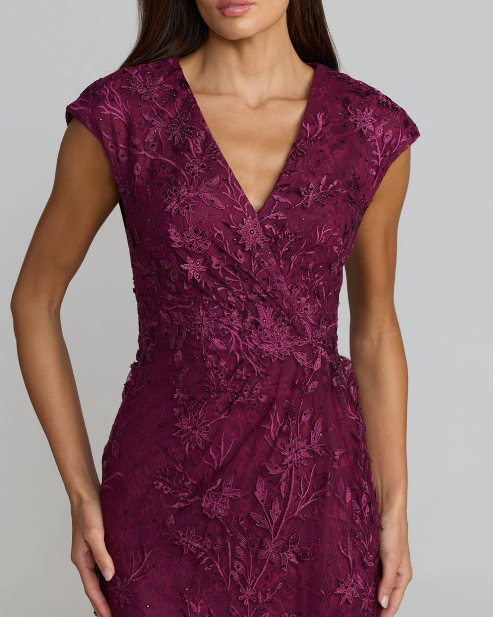 Amethyst V-Neck Long Mesh Evening Dress Floral Mac Duggal 9967882P
