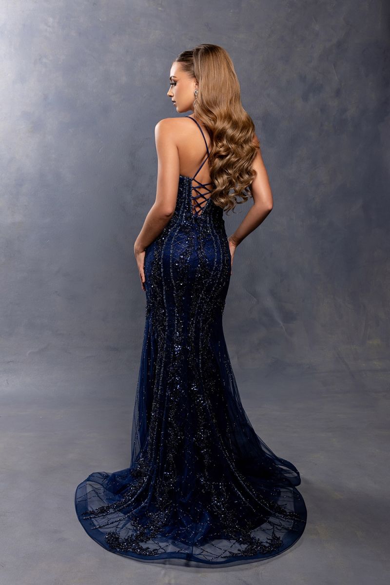 Navy Sweetheart Floor-Length Mesh Prom Dress Corest May Queen RQ8242