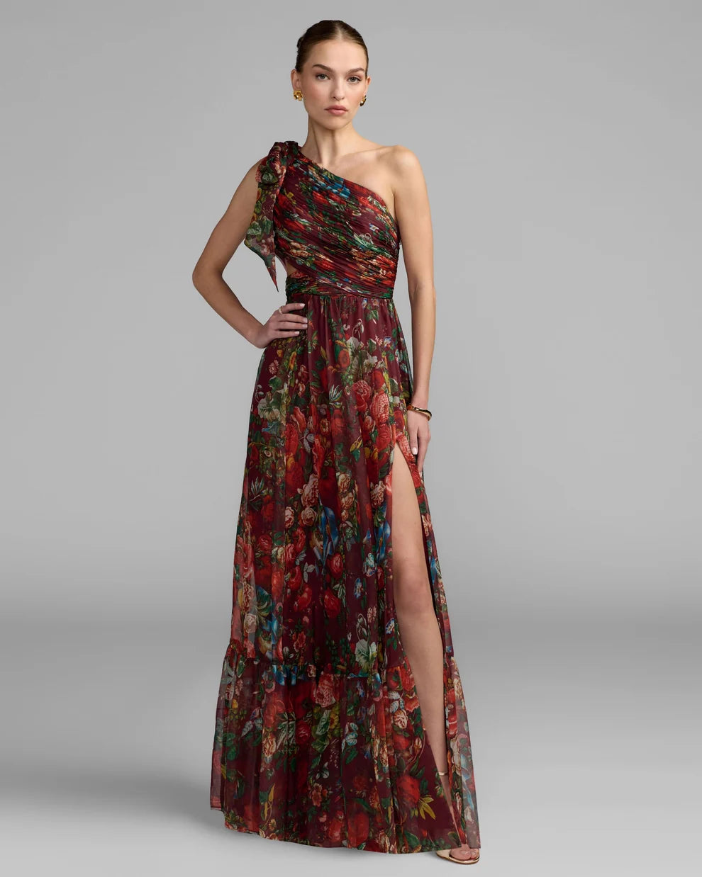 Prom Dresses Long Floral Print Formal A Line Prom Dress Deep Wine Multi