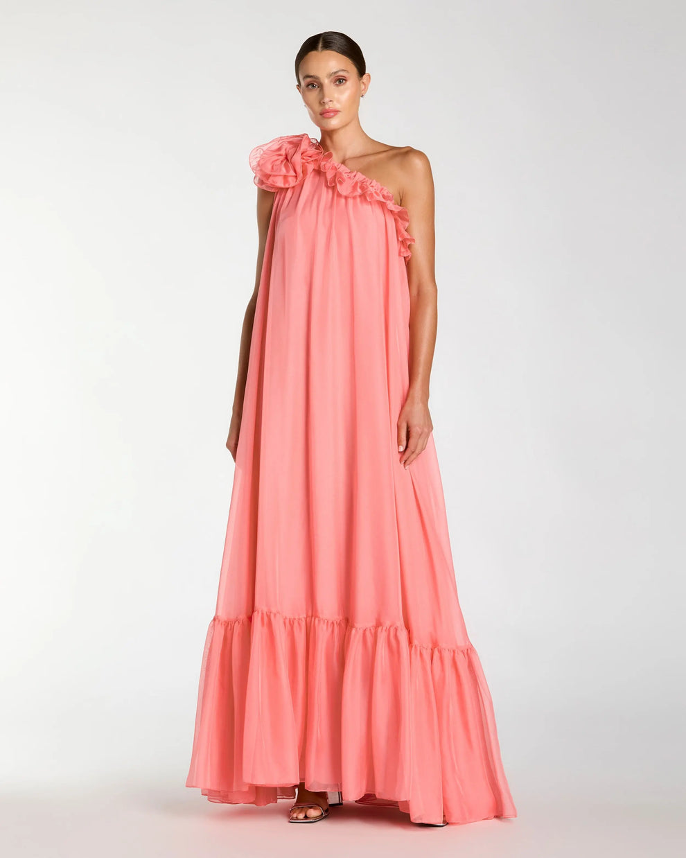 One-Shoulder Floor-Length Chiffon Gown by Mac Duggal 68757 in Hibiscus