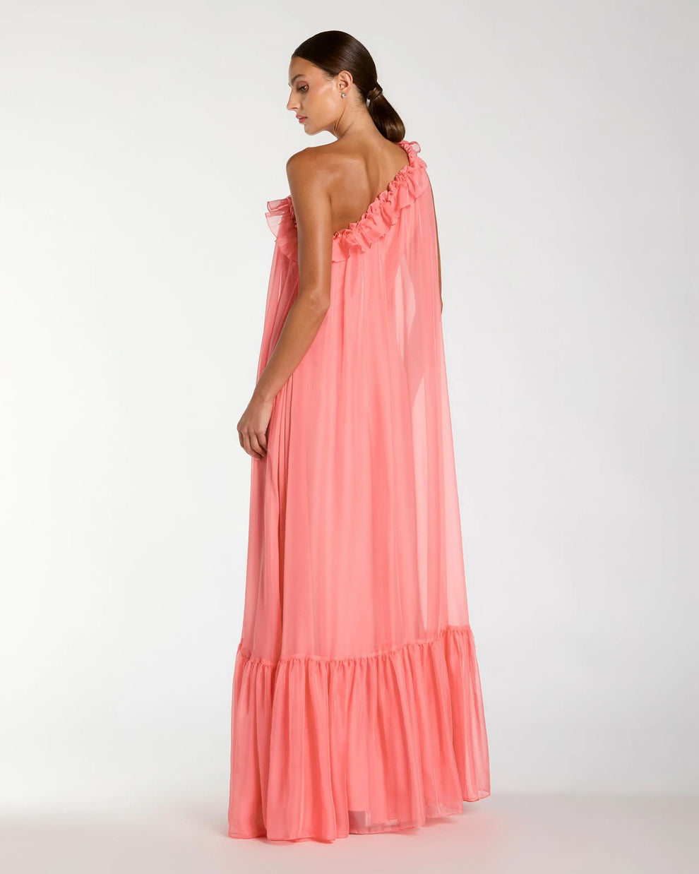 One-Shoulder Floor-Length Chiffon Gown by Mac Duggal 68757 in Hibiscus