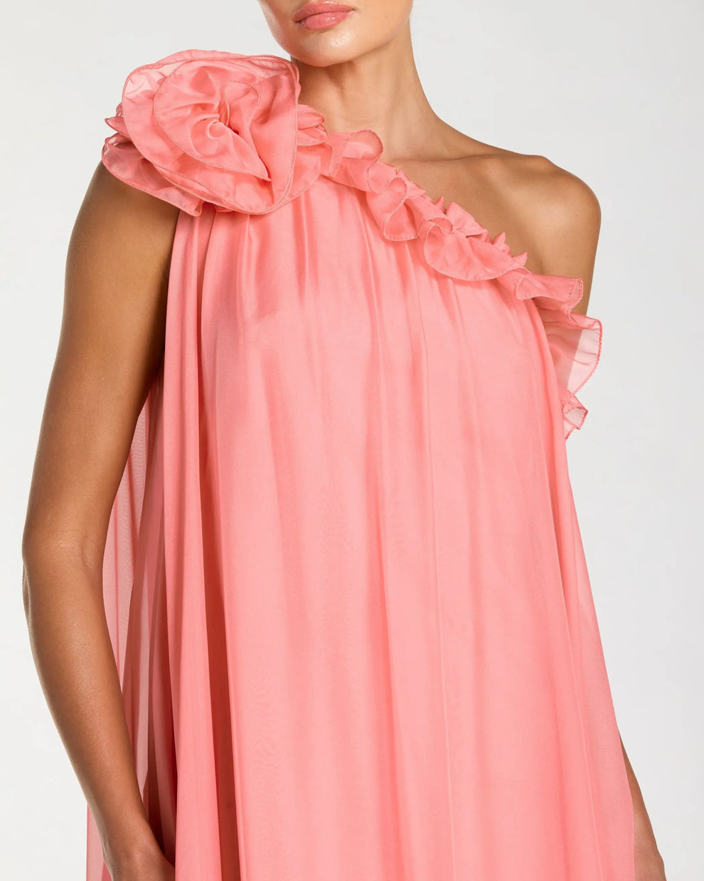 One-Shoulder Floor-Length Chiffon Gown by Mac Duggal 68757 in Hibiscus