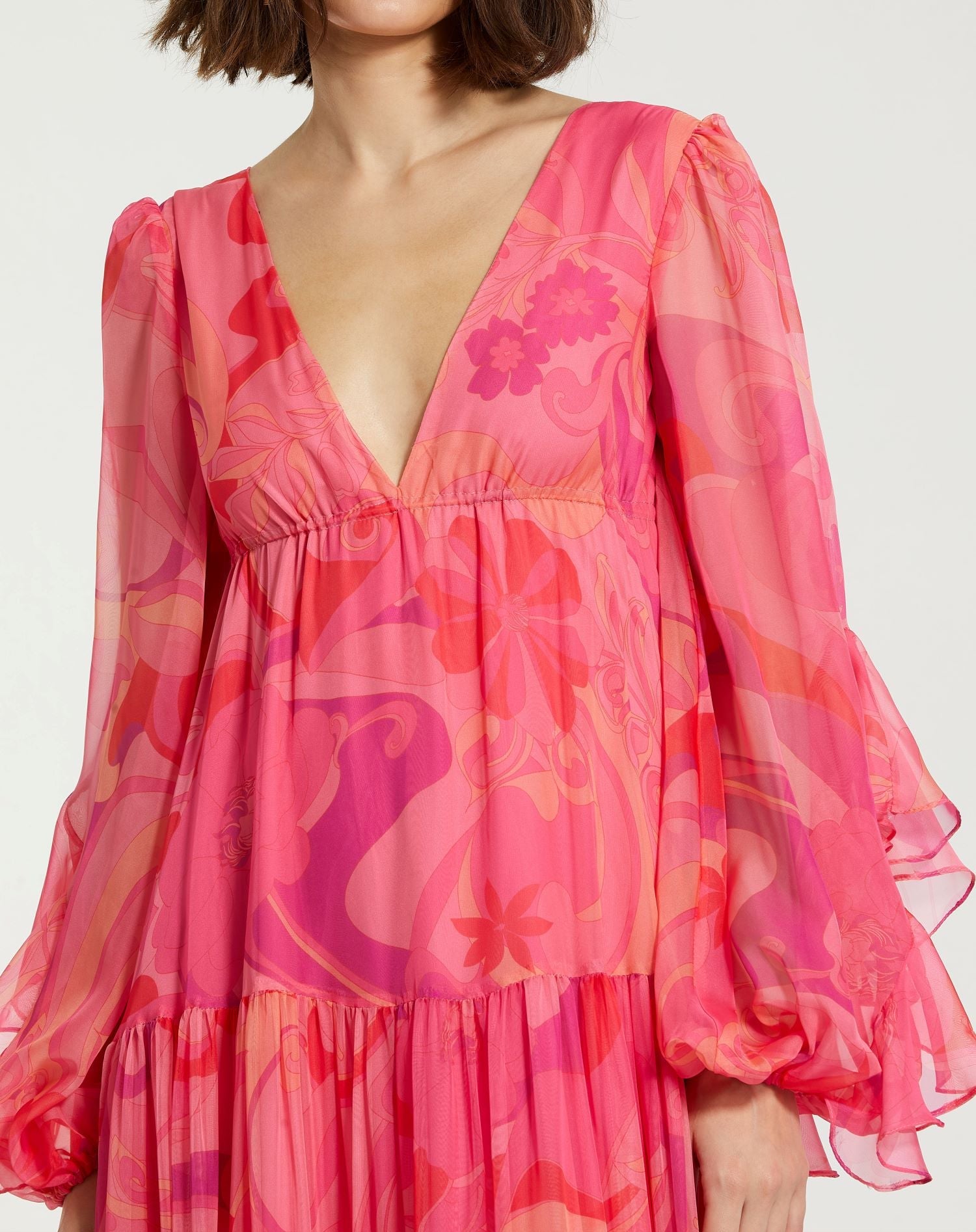 Formal Dresses Long Sleeve Printed Formal Prom A Line Dress Hibiscus Multi