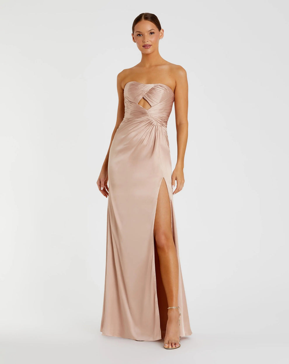 Oyster Strapless Floor-Length Charmeuse Prom Gown with Cutout and High Slit Mac Duggal 68837