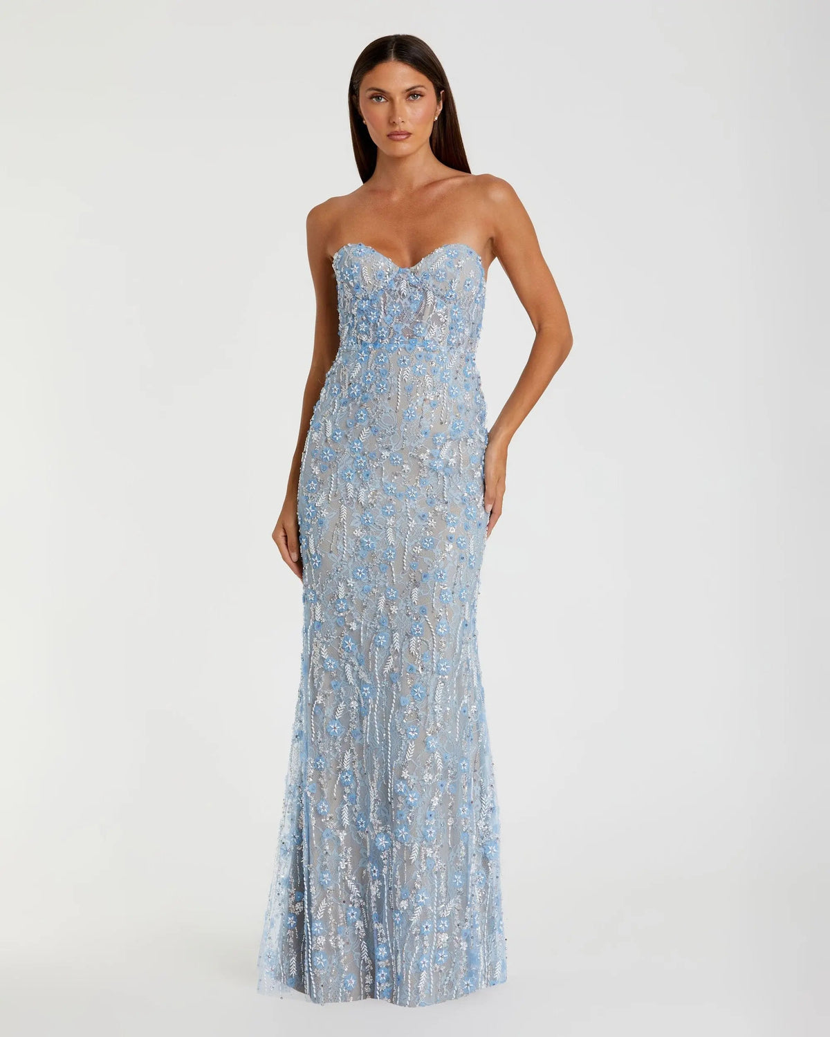 Long Fitted Bridal Gown Lace Mac Duggal 68893 Blue front view