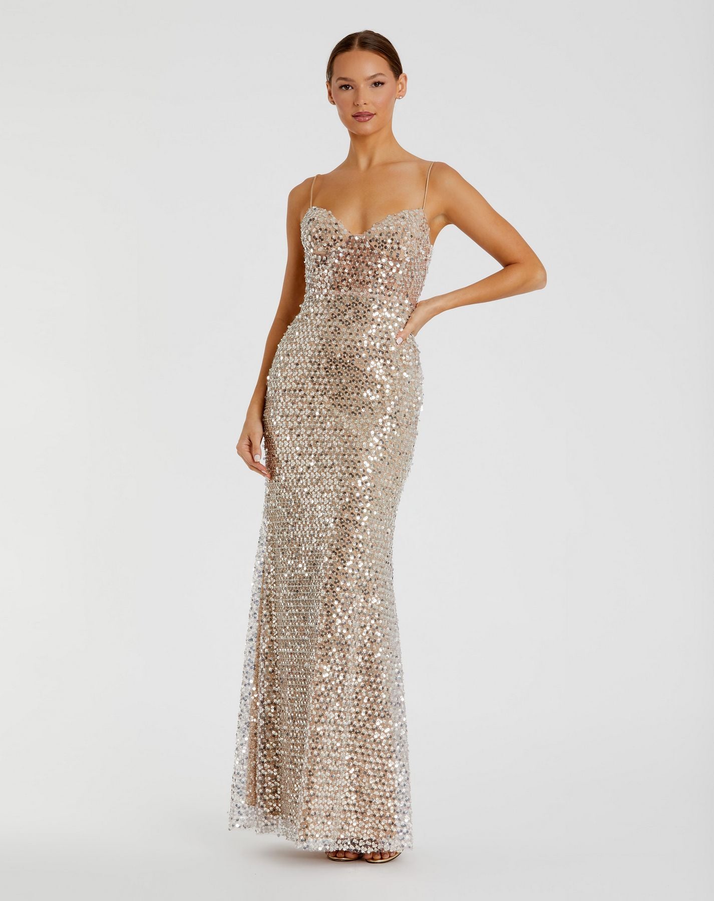 Prom Dresses Long Formal Prom Dress - Fitted Sequin - Mac Duggal 68895 Nude-Mesh-68895-Fitted