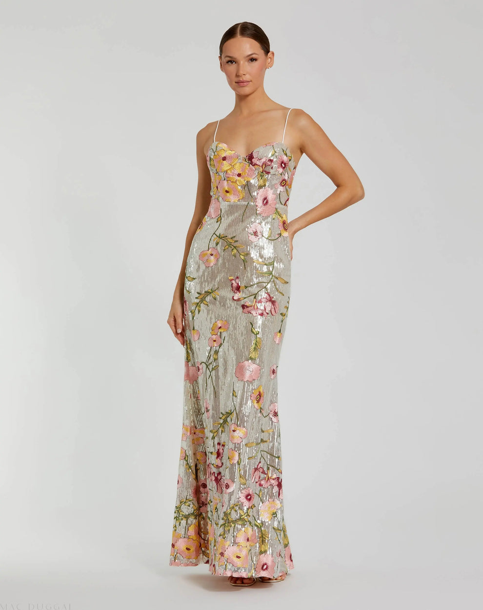 Prom Dresses Long Formal Prom Floral Applique Dress Silver Multi