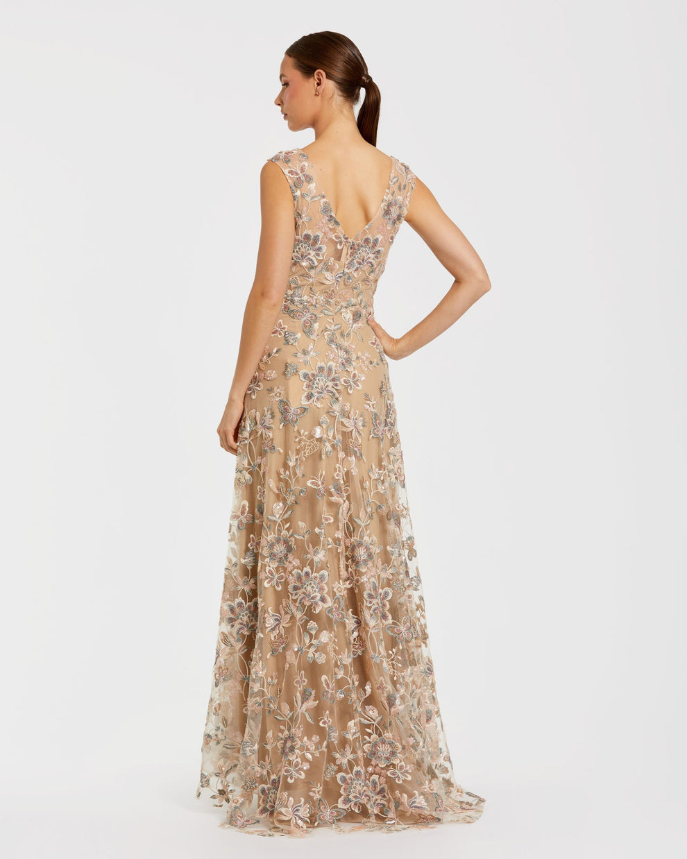 Formal Dresses A Line Long Formal Floral Evening Dress Mac Duggal 68907 Taupe