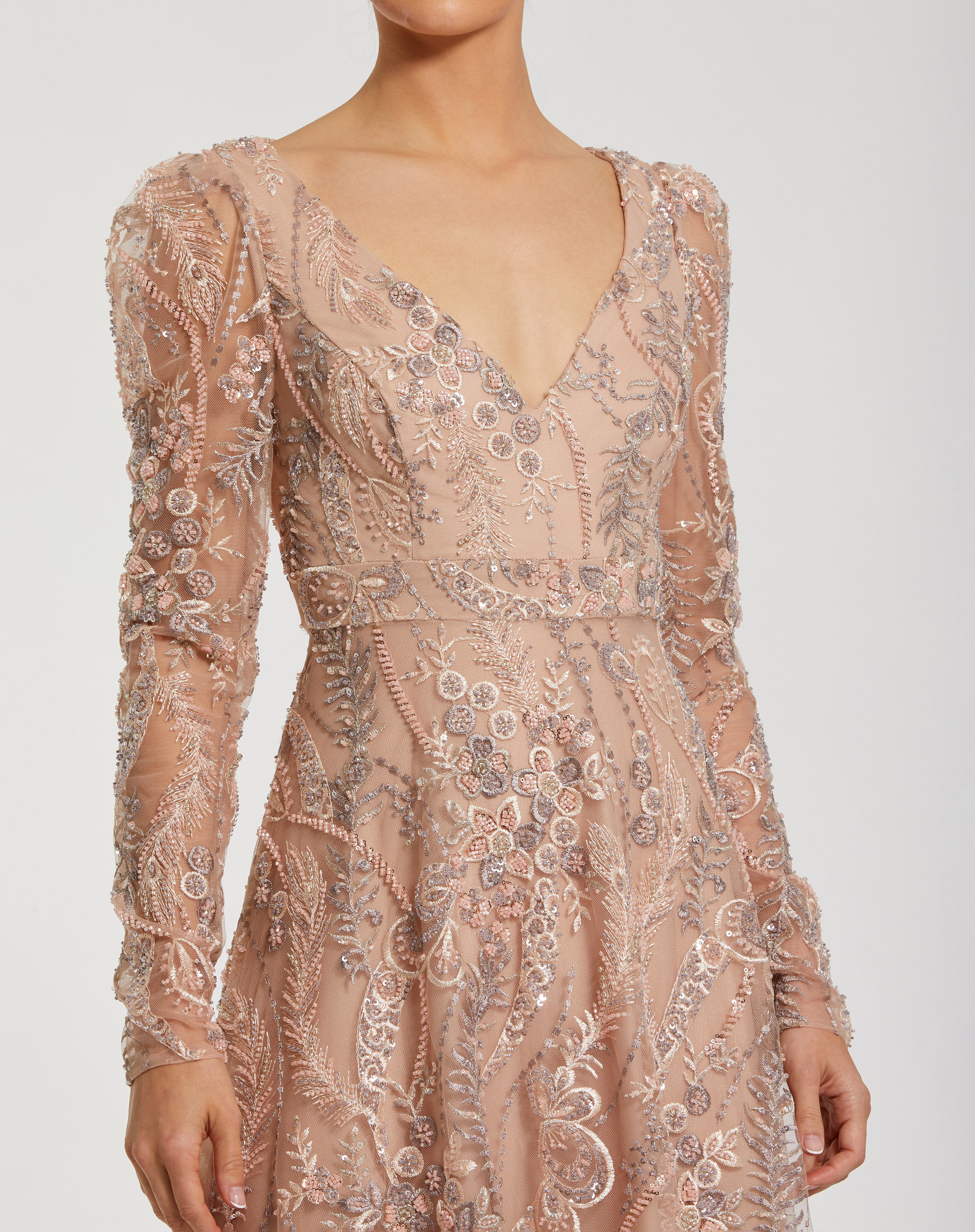 Mother of the Bride Dresses Beaded Long Sleeve Sequin Long Formal Mother of the Bride Dress Mac Duggal 68908 Taupe