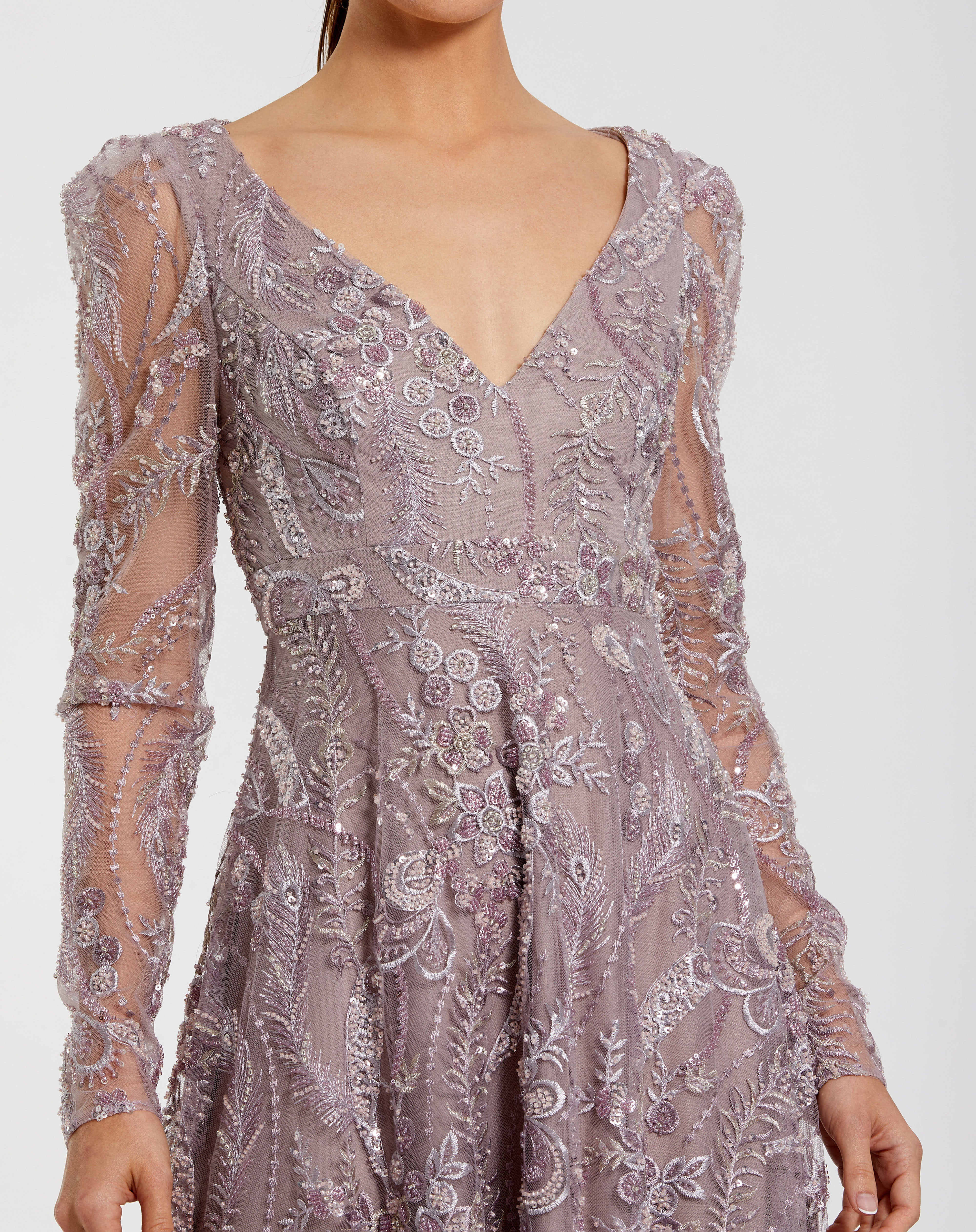 Mother of the Bride Dresses Beaded Long Sleeve Sequin Long Formal Mother of the Bride Dress Mac Duggal 68908 Vintage Lilac