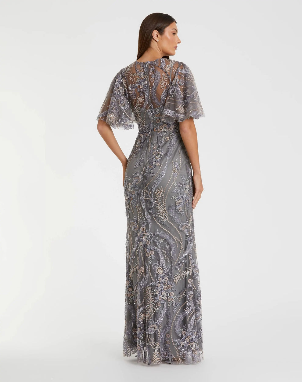 Charcoal High-Neck Floor-Length Lace Mother of the Bride Dress with Flutter Sleeves Mac Duggal 68918
