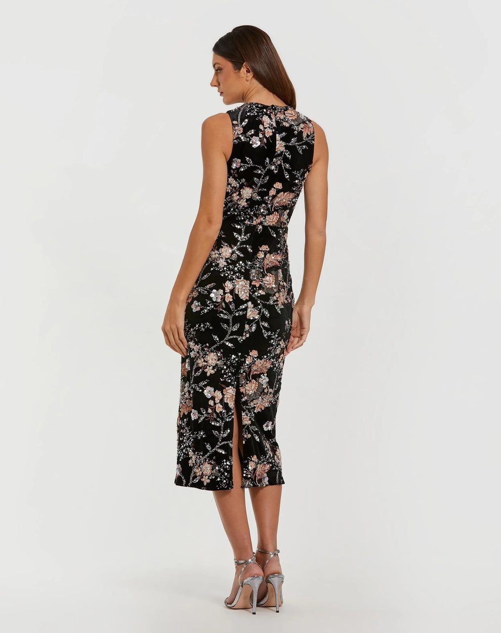 Cocktail Dress Sequin Midi Floral Beaded Cocktail Dress Black Multi