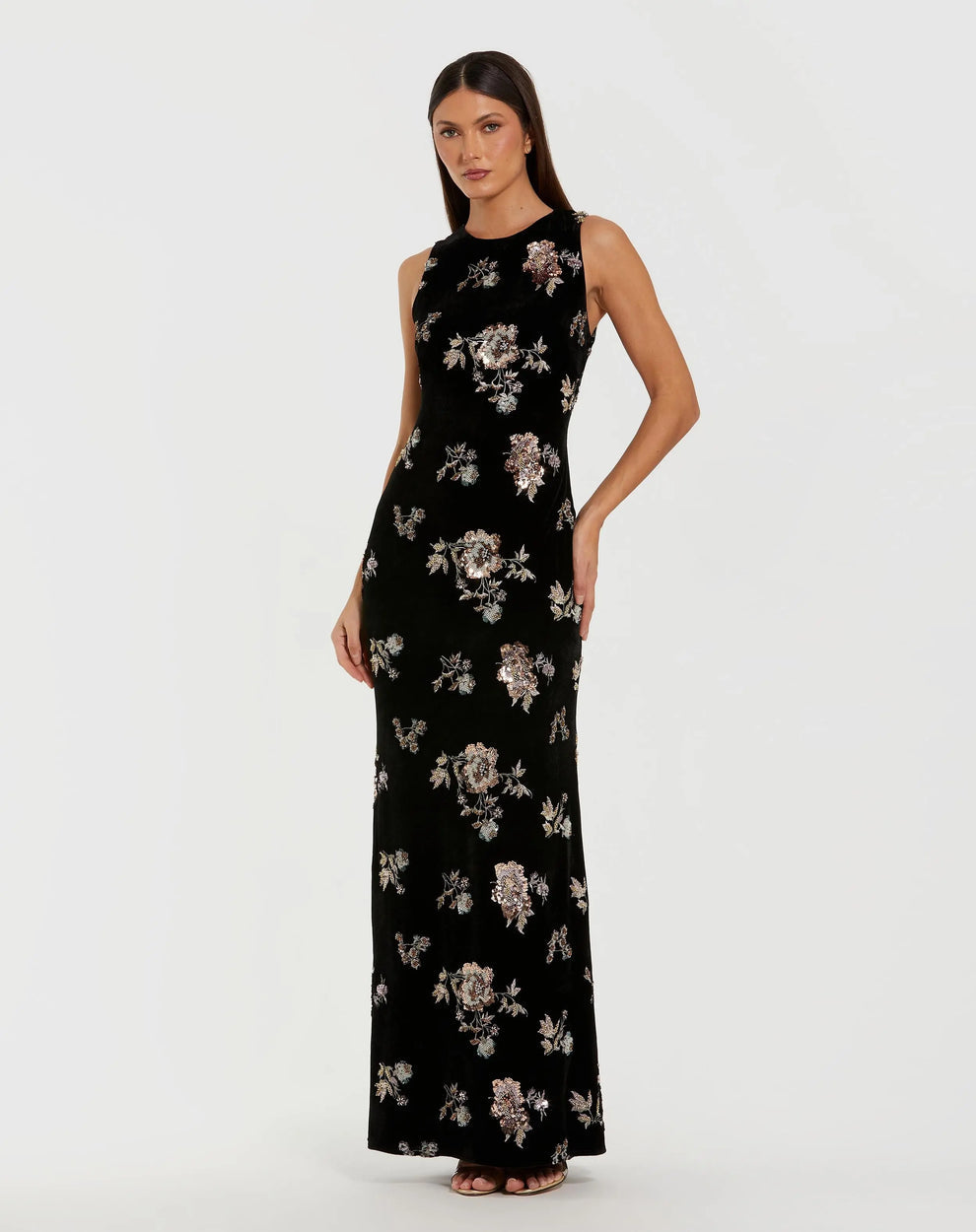 Formal Dresses Long Formal Velvet Floral Evening Dress Black Multi