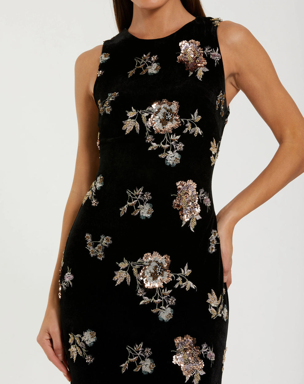 Formal Dresses Long Formal Velvet Floral Evening Dress Black Multi