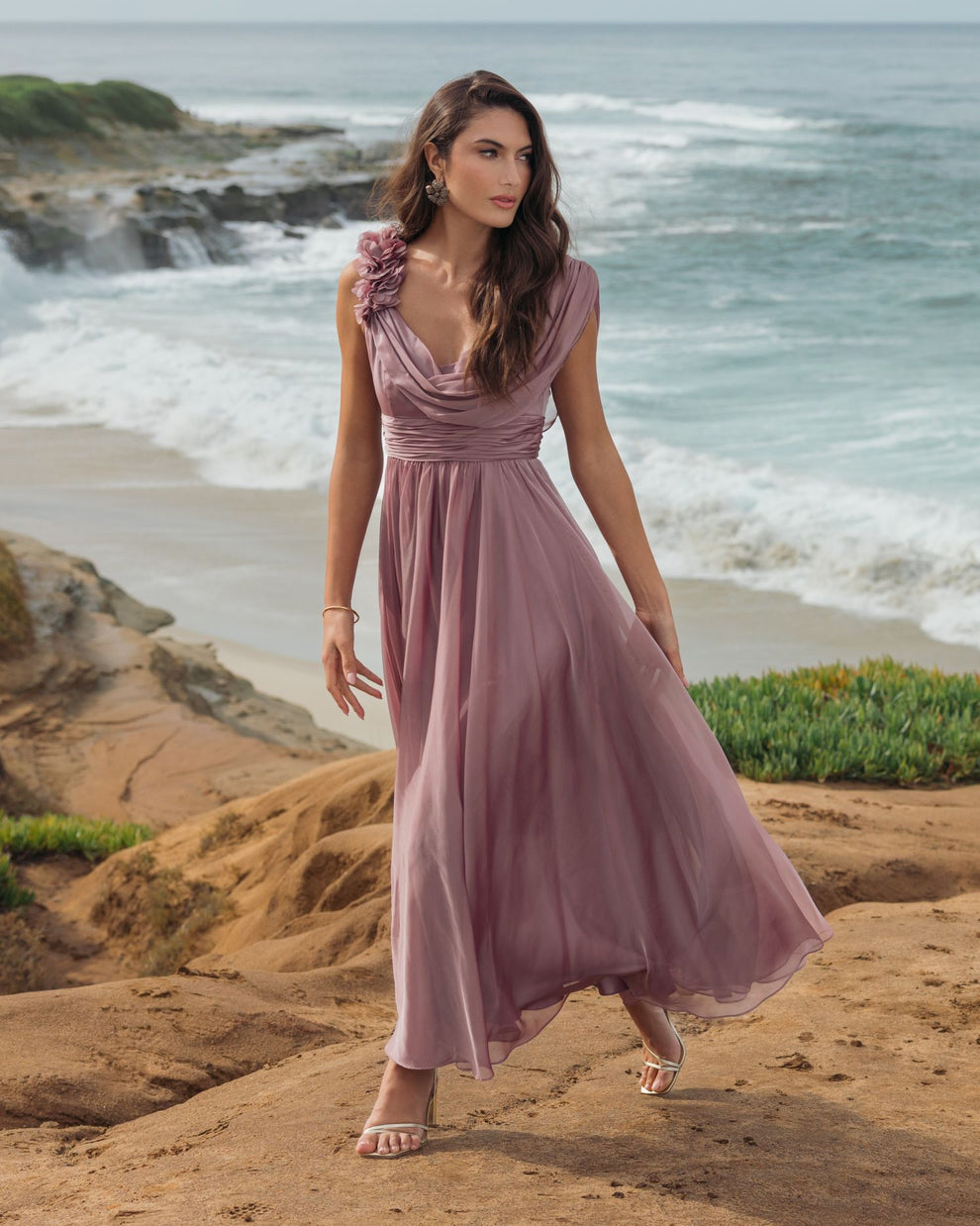 Cocktail Dresses 3D Floral Short Pleated Tea Length Cocktail Dress Mac Duggal 68967 Antique Rose