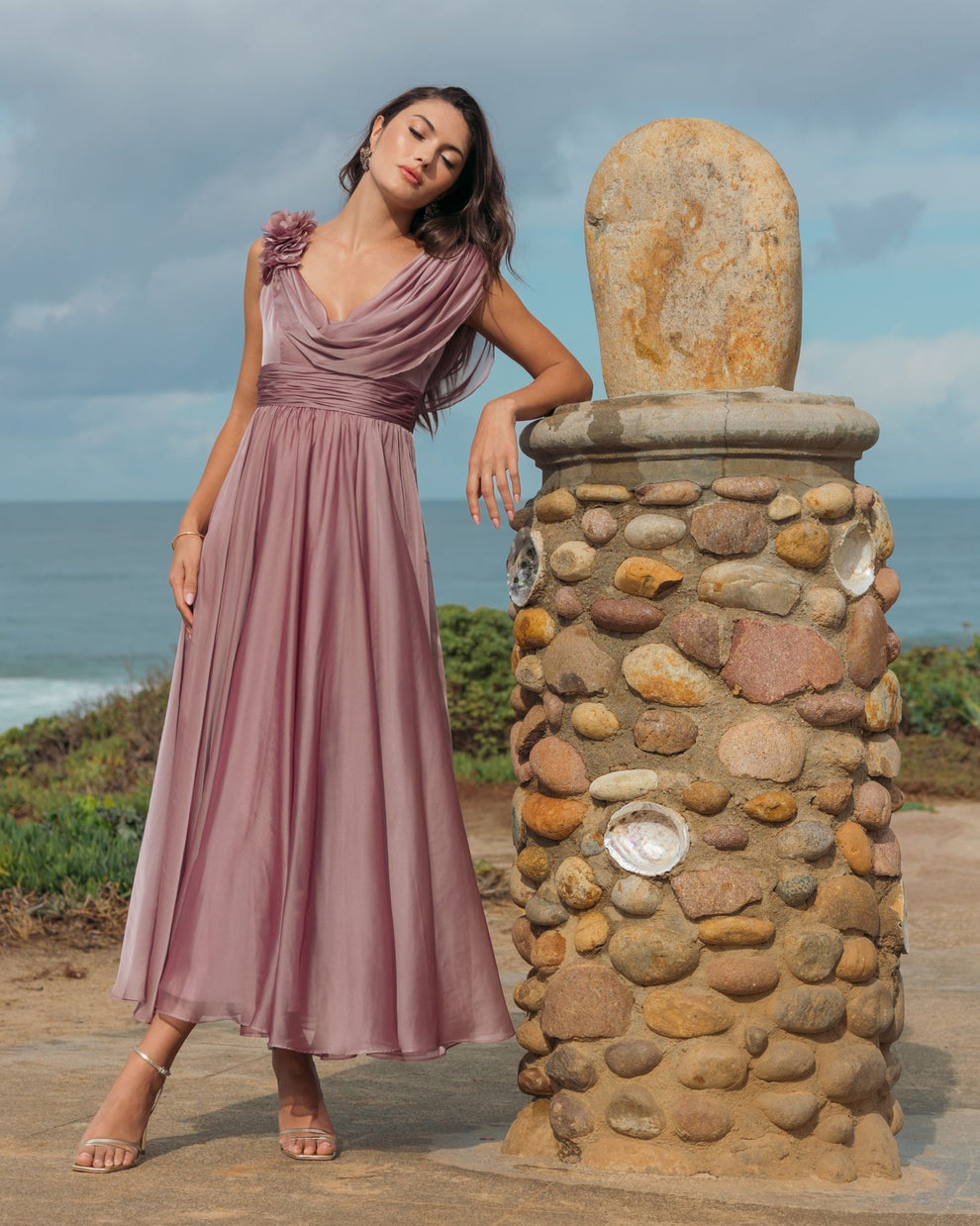 Cocktail Dresses 3D Floral Short Pleated Tea Length Cocktail Dress Mac Duggal 68967 Antique Rose