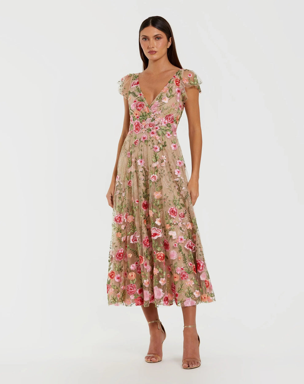 V-Neck Tea-Length Embroidered Floral Cocktail Dress by Mac Duggal 69024 in Nude Multi