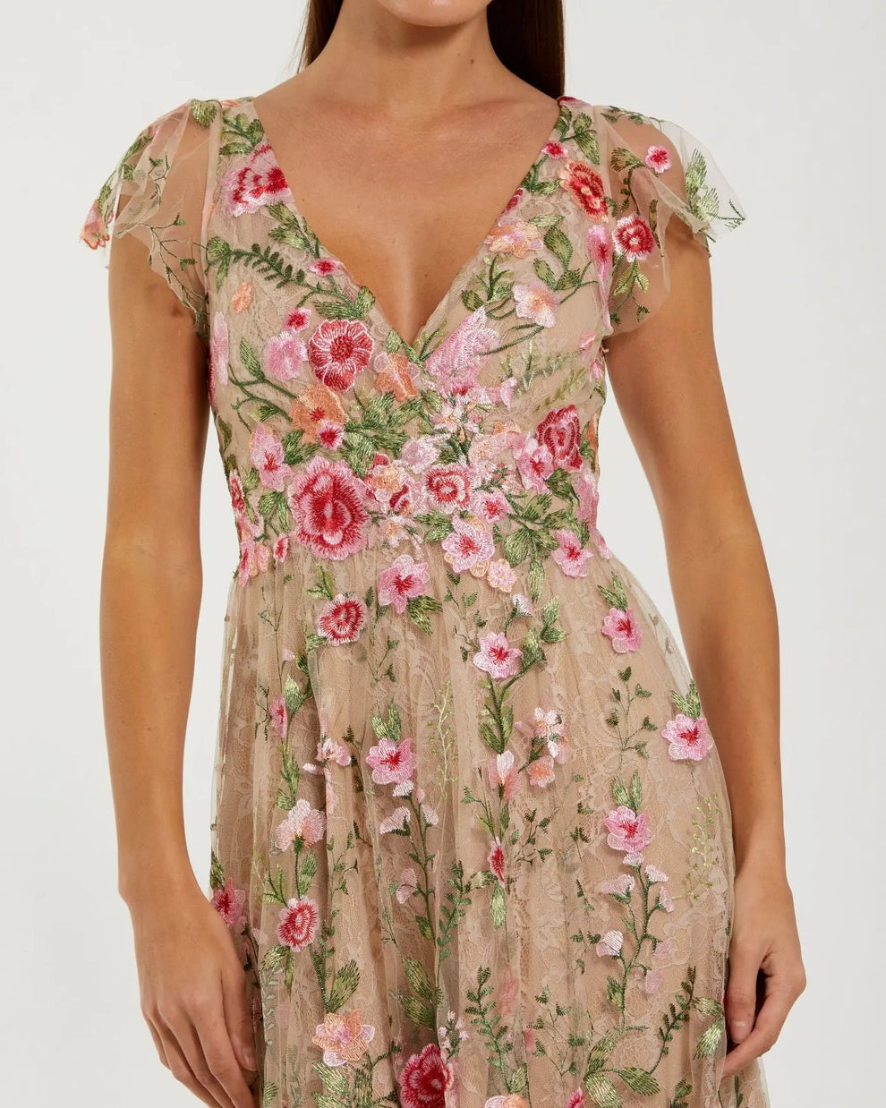 V-Neck Tea-Length Embroidered Floral Cocktail Dress by Mac Duggal 69024 in Nude Multi