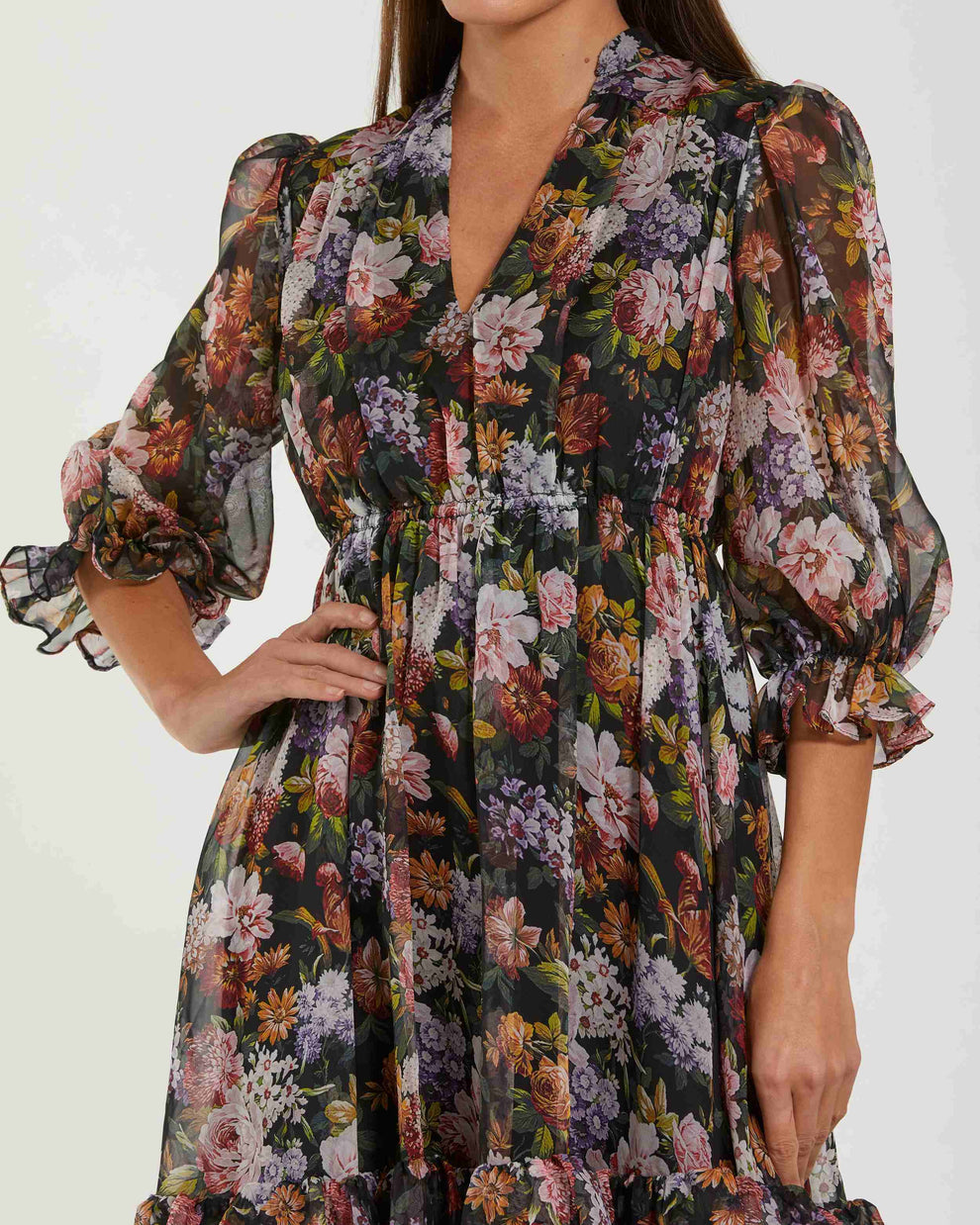 Cocktail Dresses Ruffle Midi Floral Cocktail Dress Black Multi
