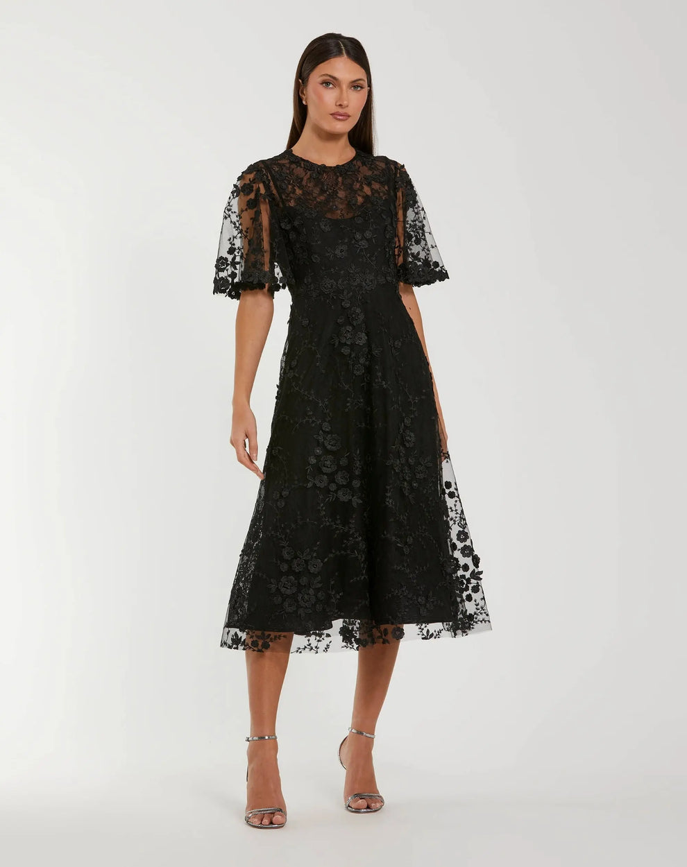 Black Crew Neck Midi Mesh Cocktail Flutter Sleeve Dress Mac Duggal 9969036P