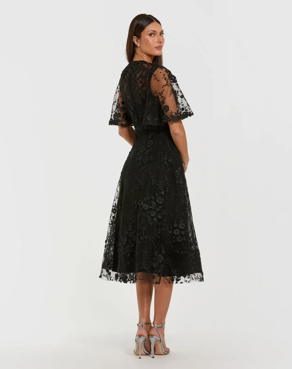 Black Crew Neck Midi Mesh Cocktail Flutter Sleeve Dress Mac Duggal 9969036P