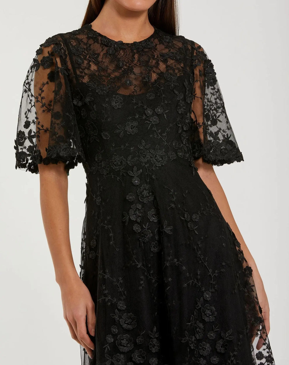Black Crew Neck Midi Mesh Cocktail Flutter Sleeve Dress Mac Duggal 9969036P