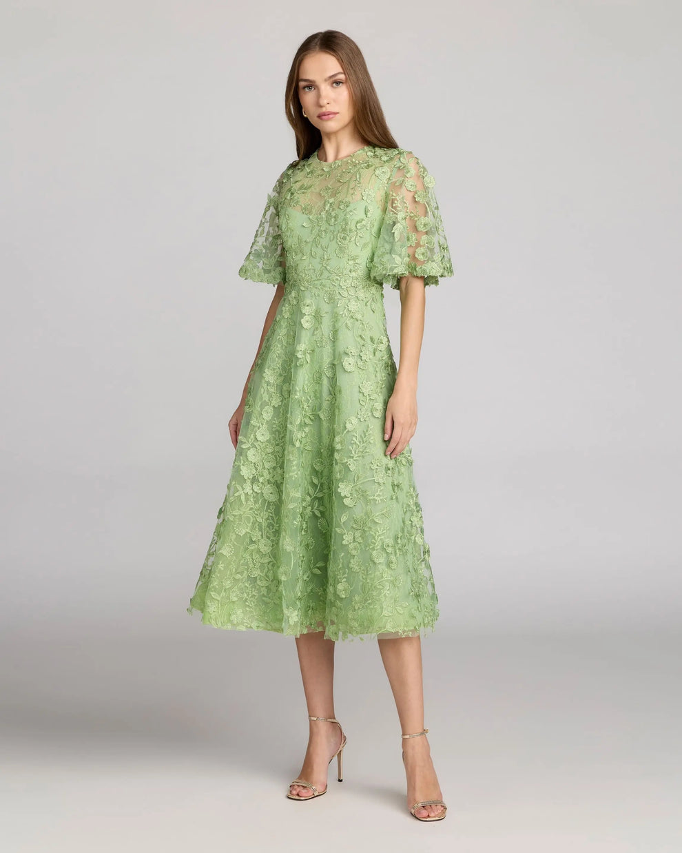 Sage Crew Neck Midi Mesh Cocktail Flutter Sleeve Dress Mac Duggal 9969036P