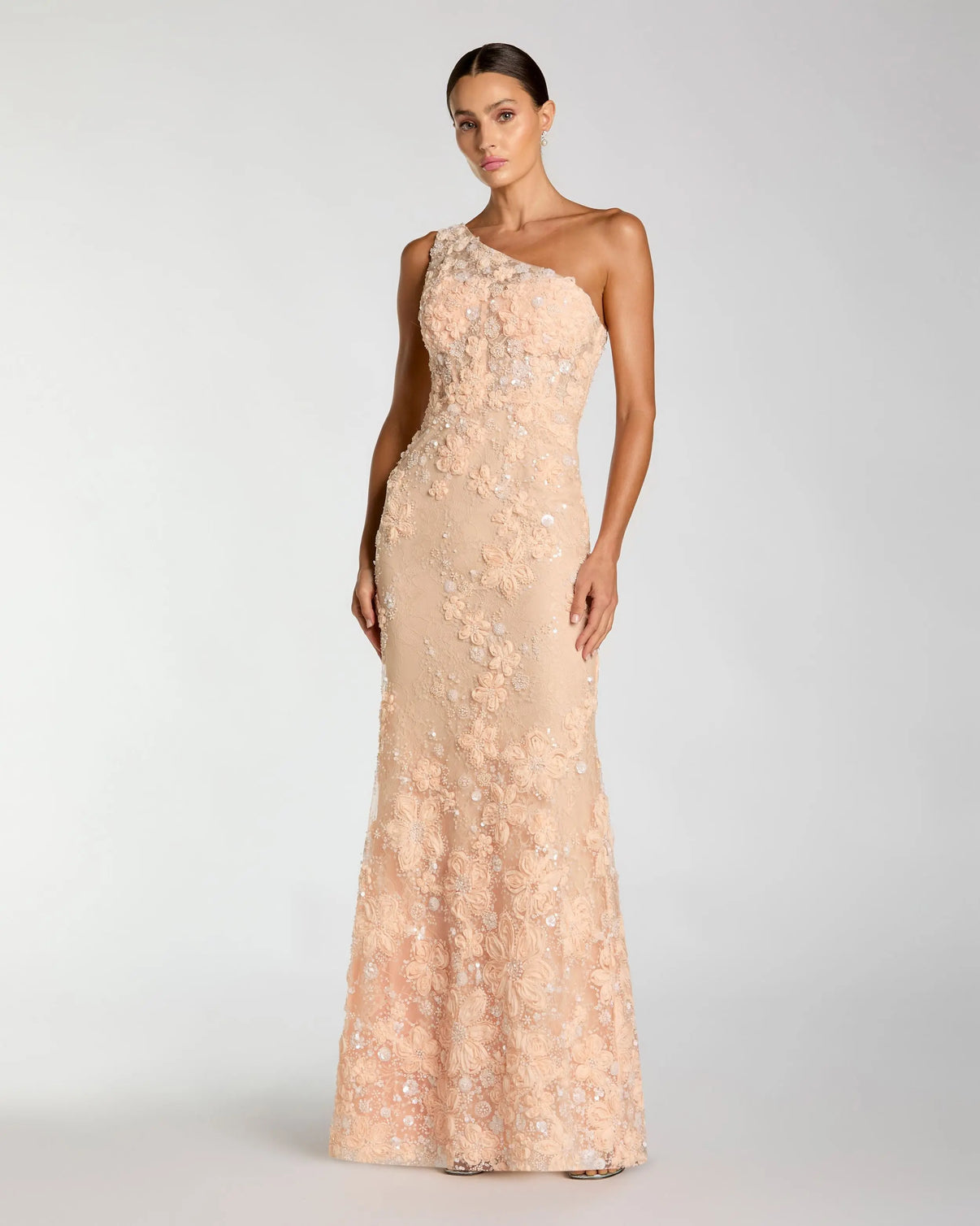 One Shoulder Long Lace Formal Gown by Mac Duggal 69052 in Peach