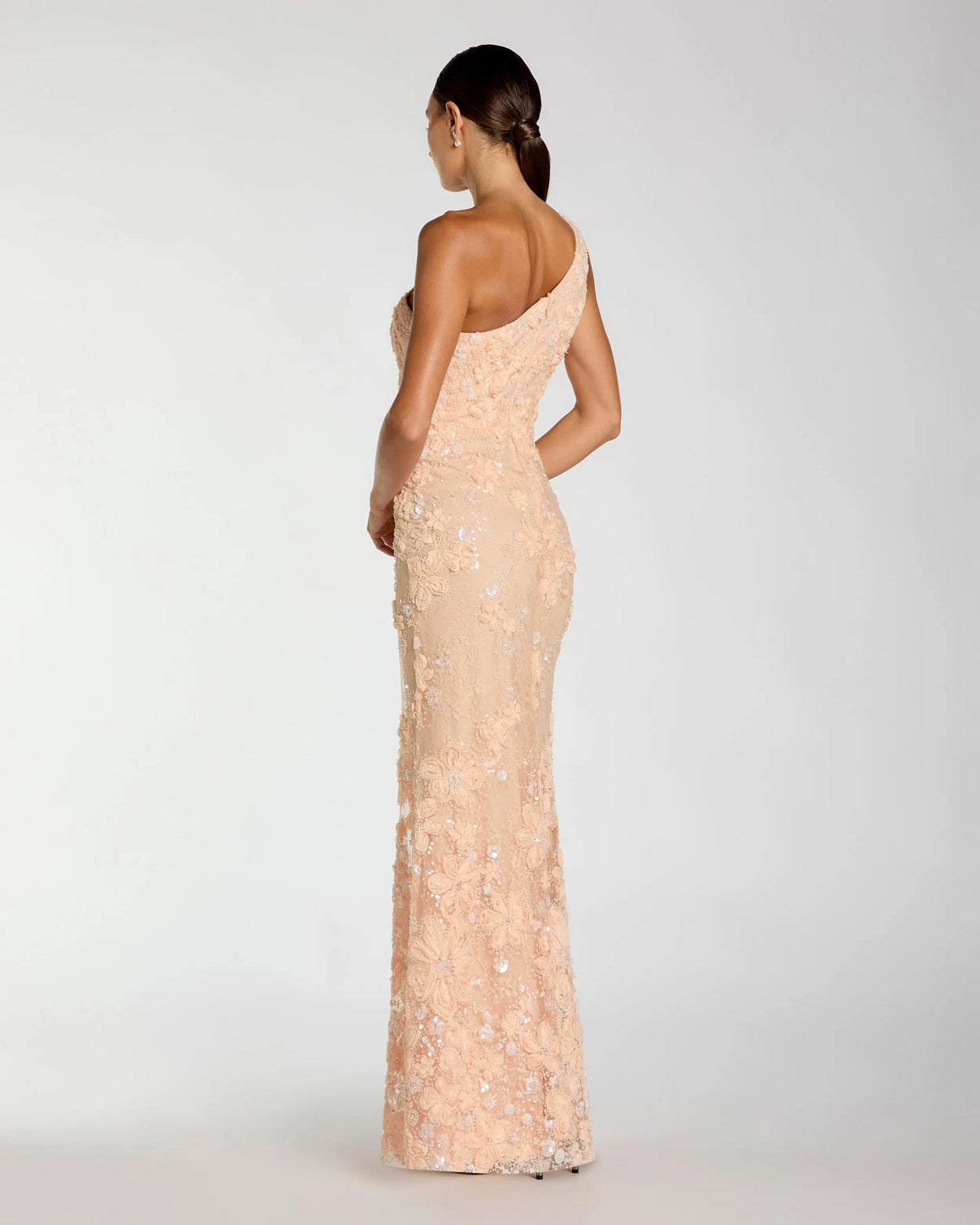 One Shoulder Long Lace Formal Gown by Mac Duggal 69052 in Peach