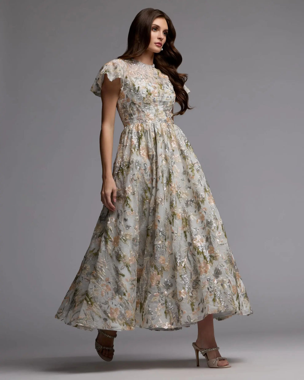 Crew/High-Neck Tea-Length Lace Evening A-Line Mac Duggal 69107