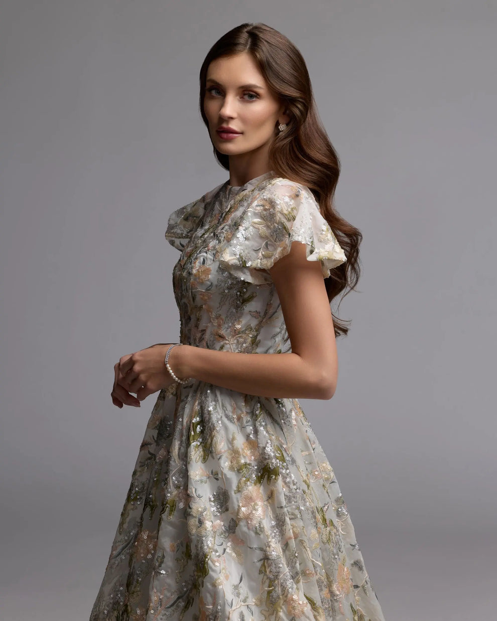 Crew/High-Neck Tea-Length Lace Evening A-Line Mac Duggal 69107