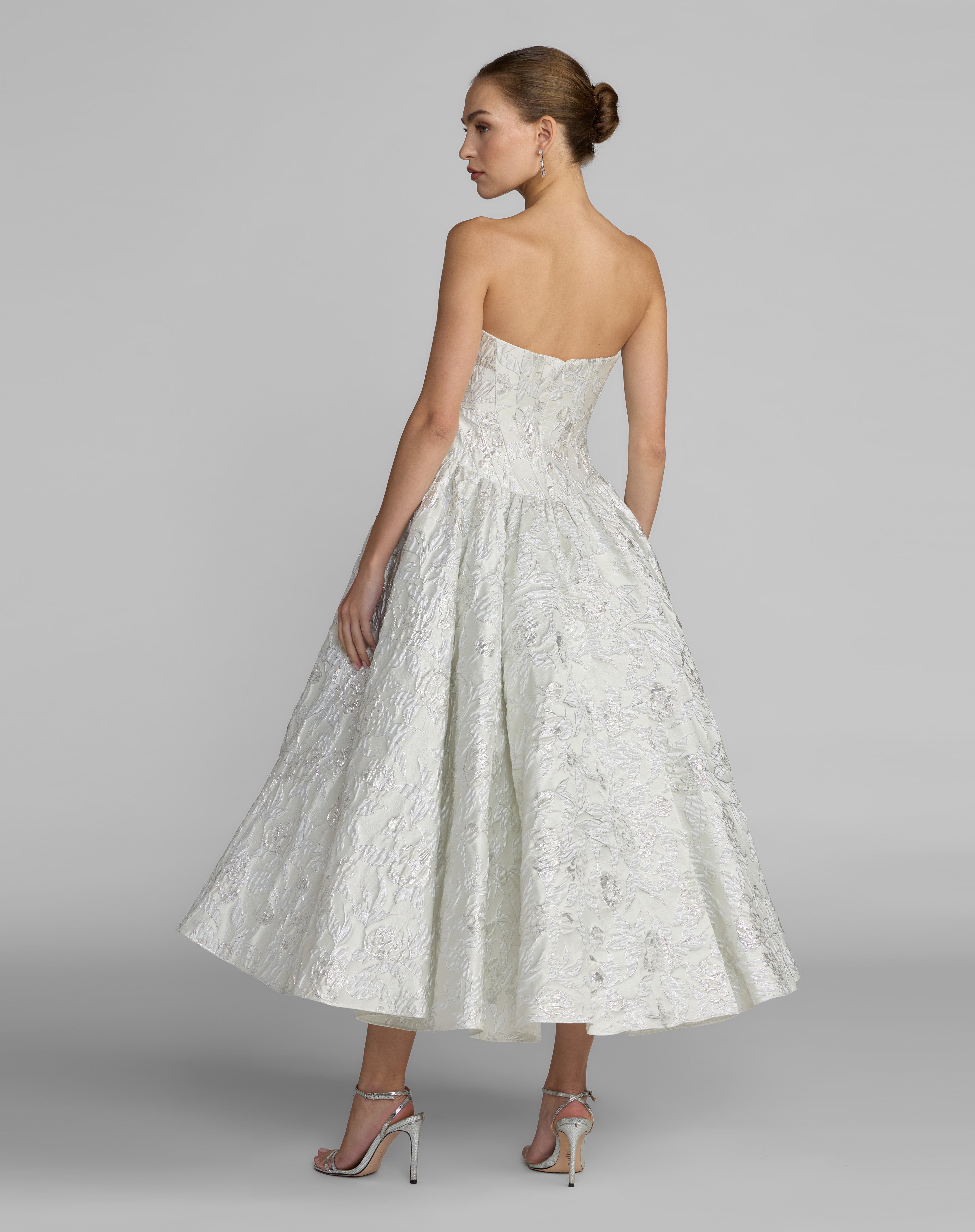 Strapless Curved Neck Tea-Length Satin Occasion A-Line Mac Duggal 69146