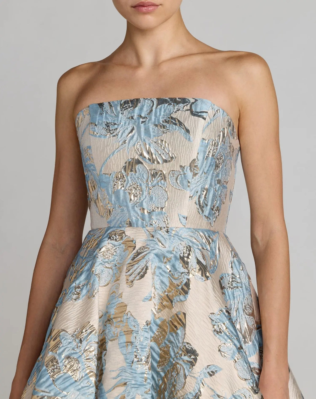 Strapless Tea-Length Brocade Cocktail Dress by Mac Duggal 69149 in Powder Blue