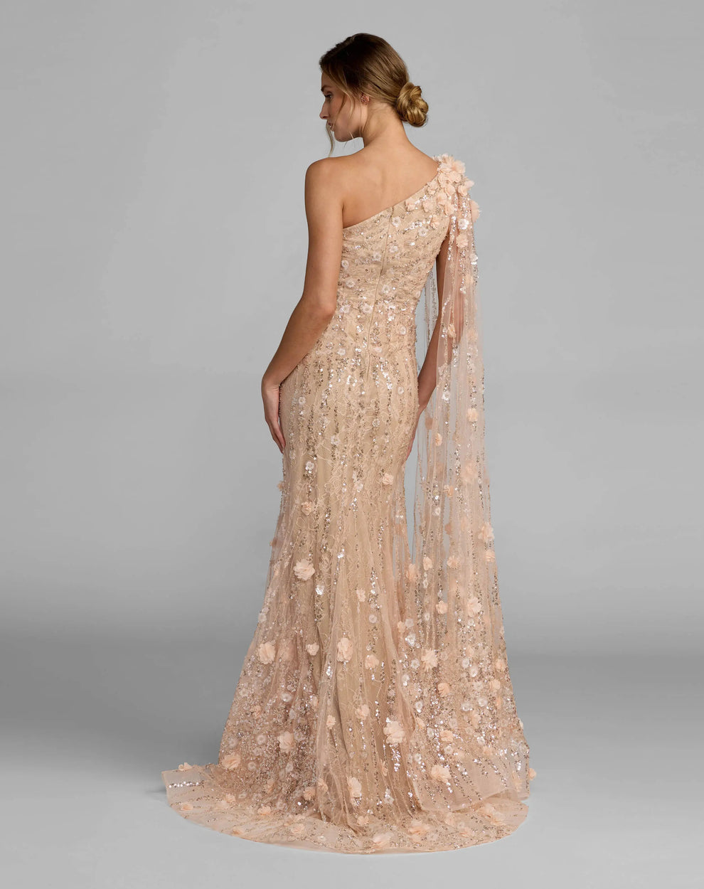 Porcelain One-Shoulder Floor-Length Sequin Formal Dress Capelet Mac Duggal 69190