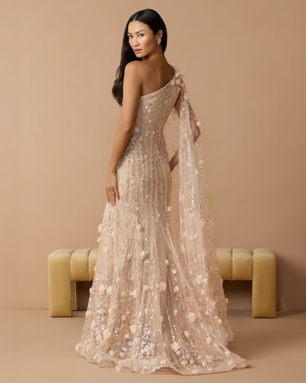 Porcelain One-Shoulder Floor-Length Sequin Formal Dress Capelet Mac Duggal 69190