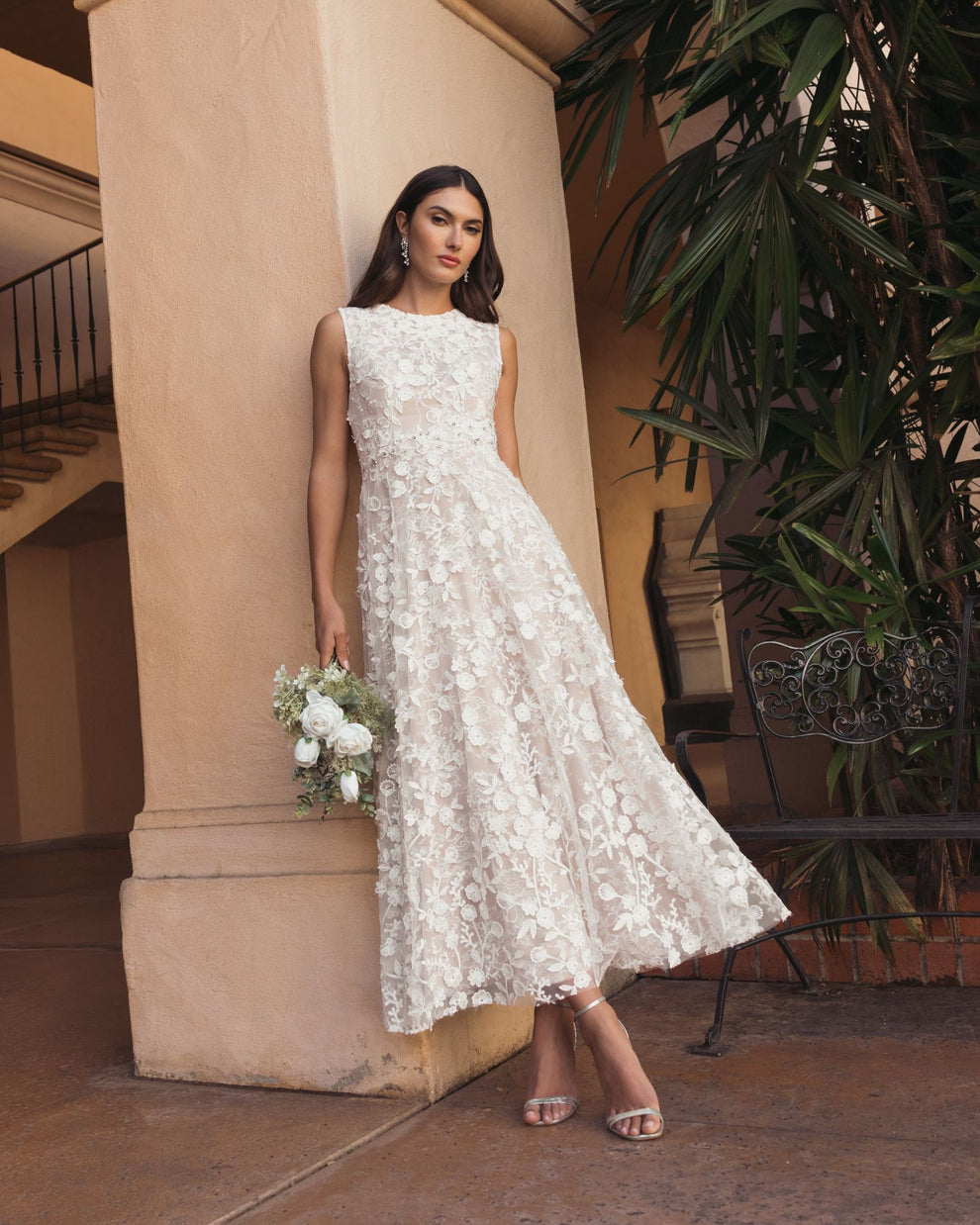 Cocktail Dresses Floral Midi A Line Lace Cocktail Dress Mac Duggal 69192 Ivory Nude