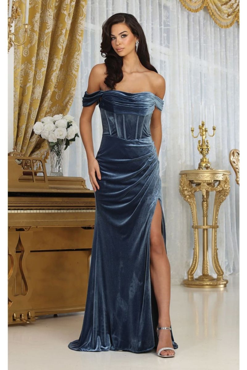 Off-the-Shoulder Floor-Length Velvet Formal Sheath Column May Queen RQ8069