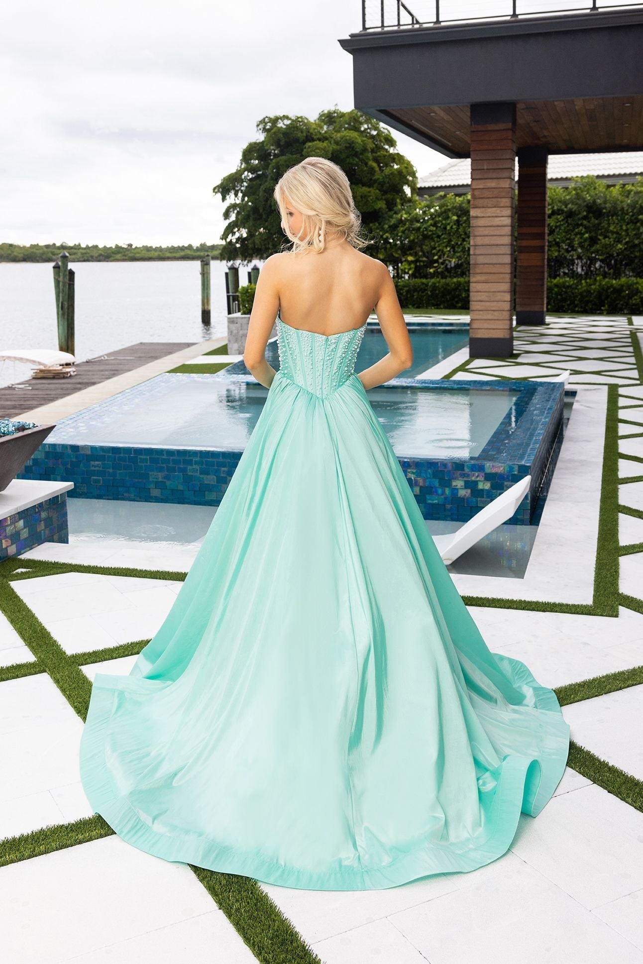 Mint Sweetheart Floor-Length Satin Prom Dress Beaded Corset Bodice Portia & Scarlett XO178