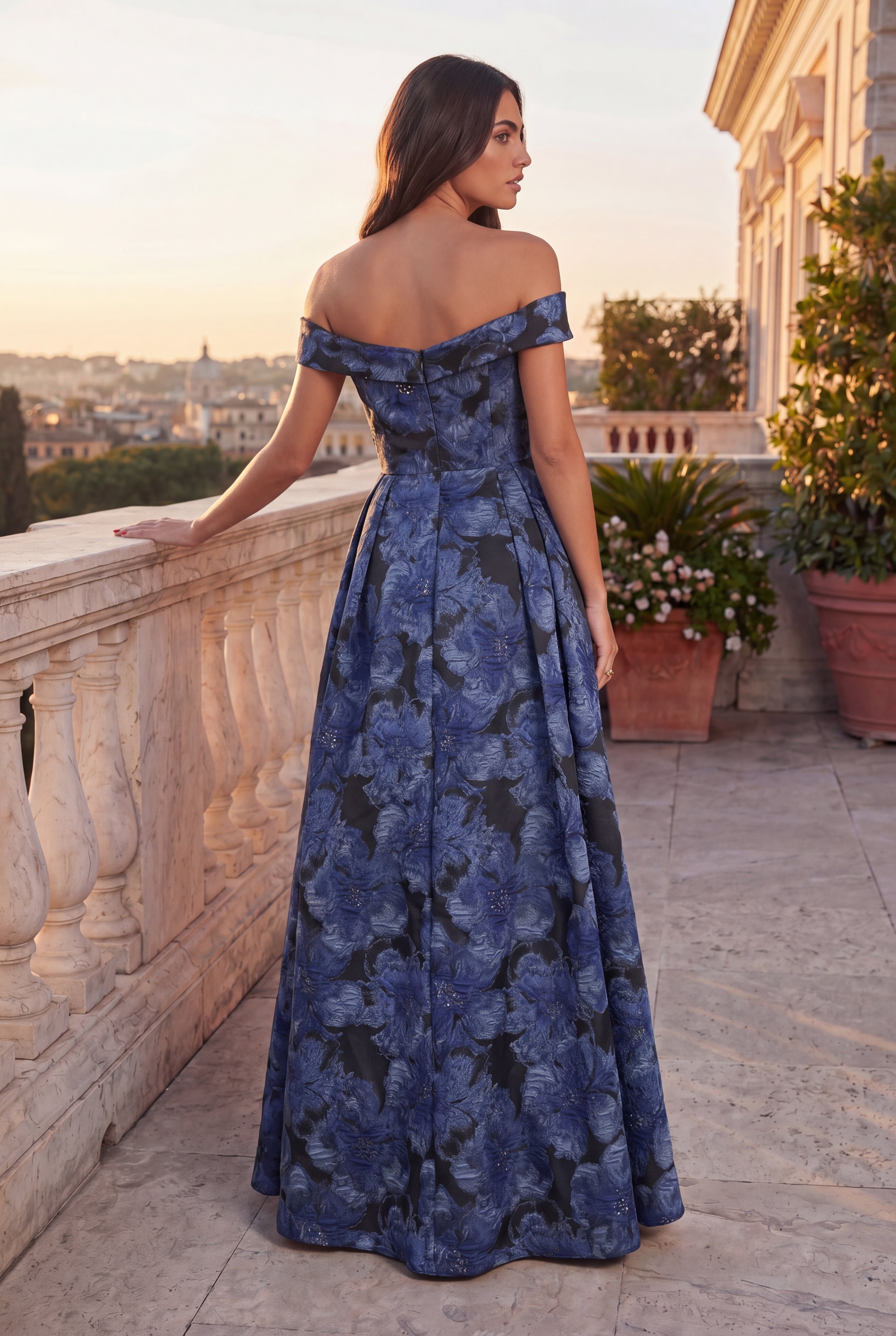 Off Shoulder Formal Floral Jacquard Evening Dress