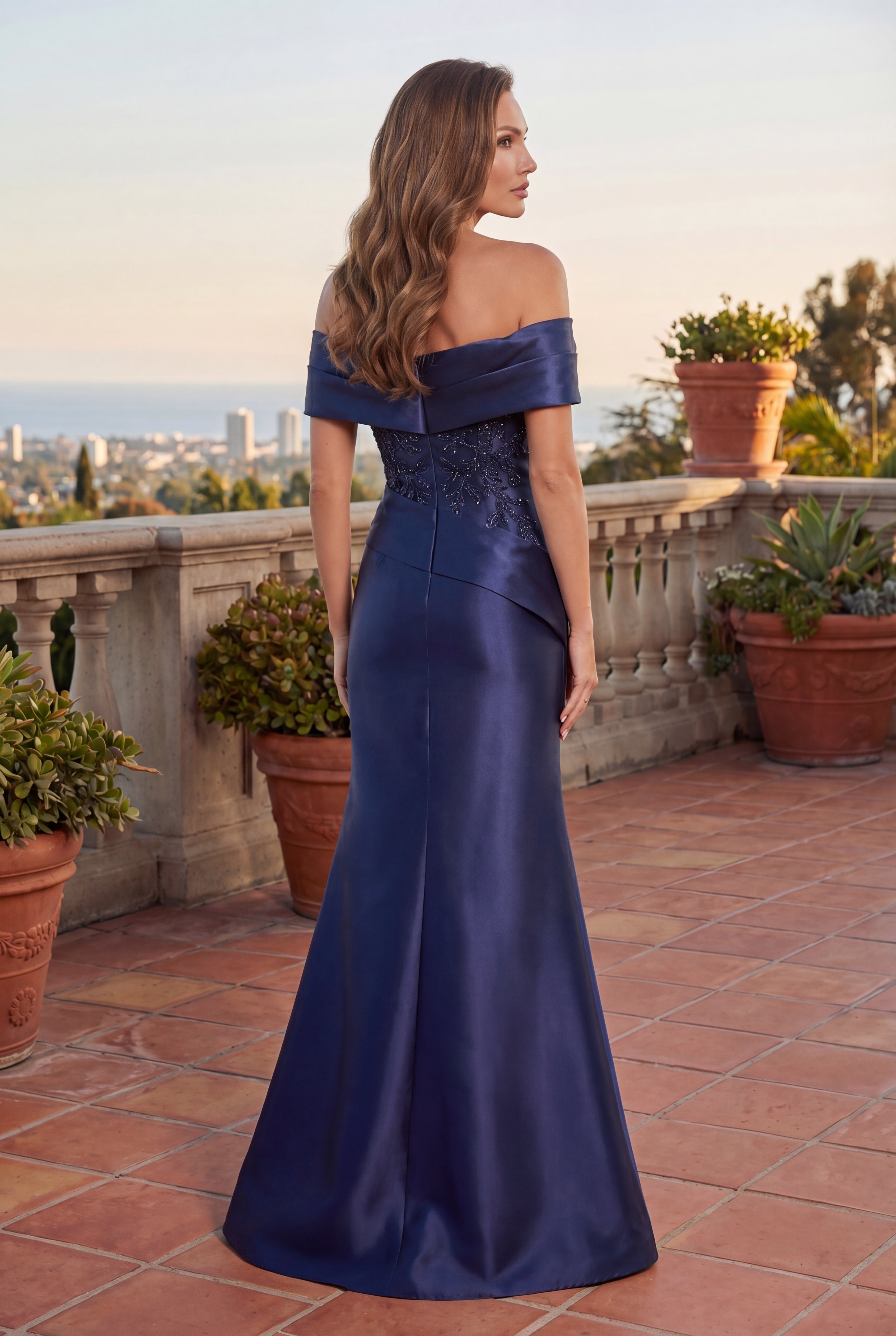 Navy Satin Off-Shoulder Draped Long Formal Dress