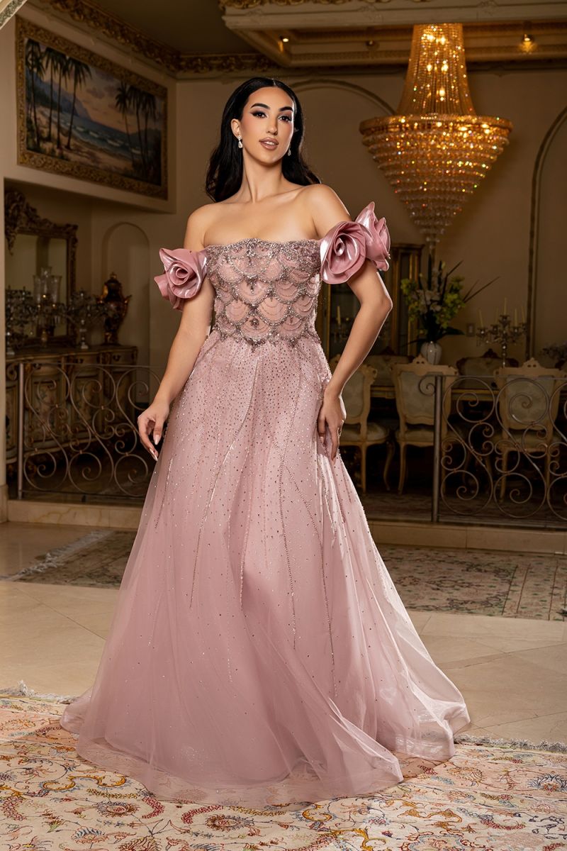 Dusty Rose Off-the-Shoulder Floor-Length Mesh Prom Dress Floral Sleeves May Queen MQRQ8260